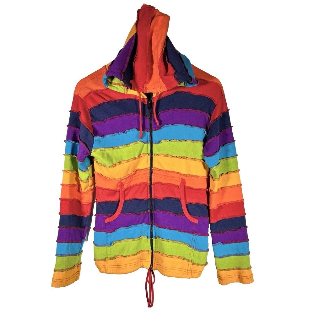 Rainbow Patchwork Hoodie Womens Small Maximalist Fest Sweatshirt Pixie Zip Up